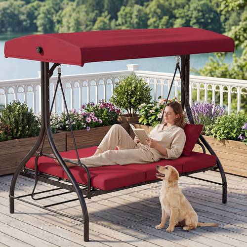 3 seat outdoor porch swing with stand convertible porch swing bed with adjustable canopy for adults patio swing chair with thickened cushions for yard garden deck 750lbs