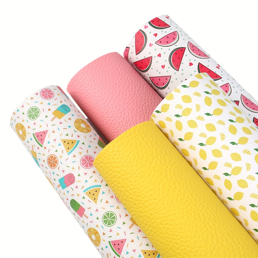 Image of 5pcs/set 7.87x12.99inch Fruits Theme Faux Leather Set Watermelon Lemon Printed Solid Color Chunky Glitter Synthetic Faux Leather Sheets For Earrings Hair Bows Crafts Projects
