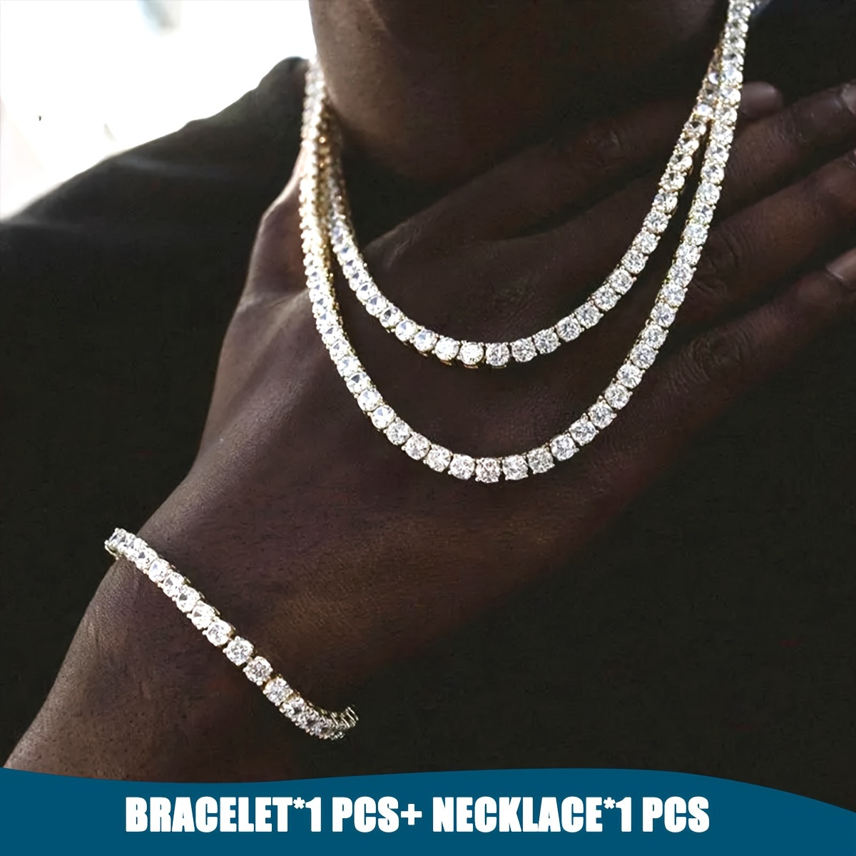 

Jewelry Set ( Necklace + Bracelet) Necklace, Iced Out Cubic Zirconia Chain Men's Hip Hop Tennis Choker Necklace Chain For Men Women