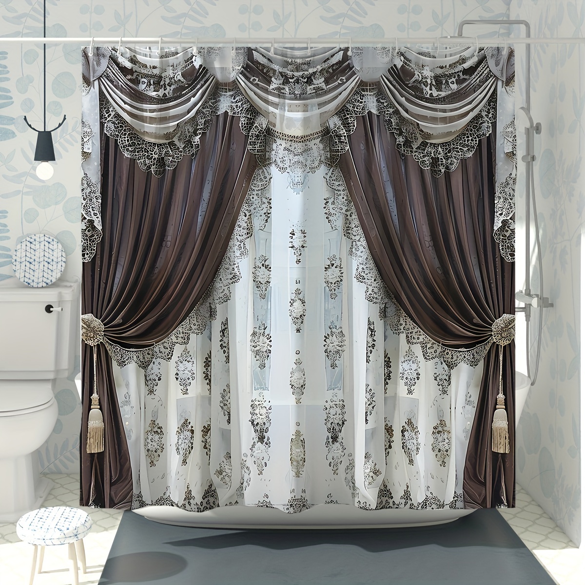 

Luxury Brown And White Patterned Polyester Shower Curtain With Hooks, 71x71 Inches, Water-resistant, Machine Washable, Unlined, Arts-themed Decor For Modern Home Bathtub Decoration