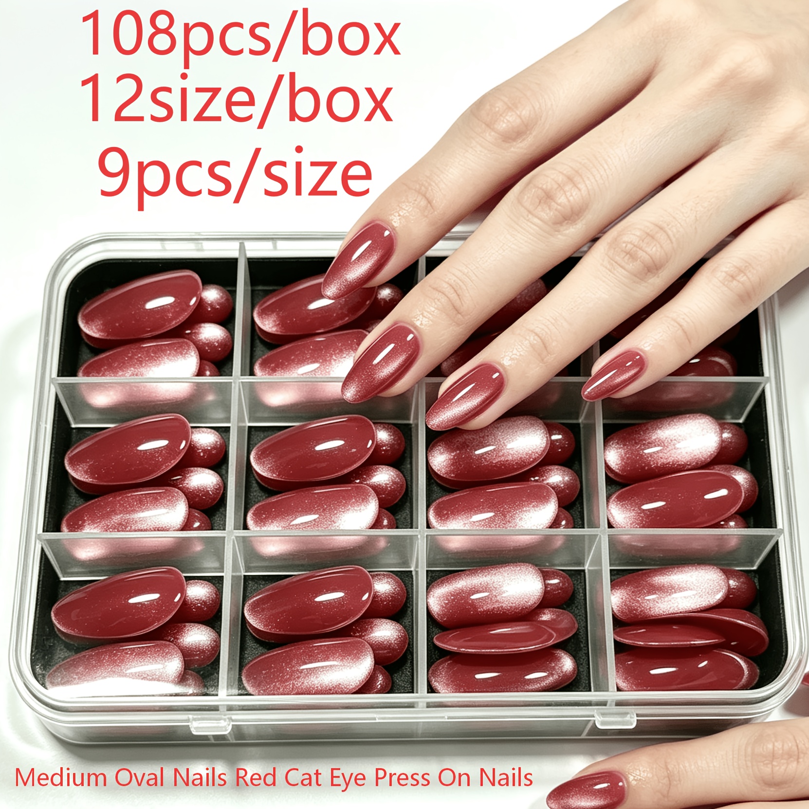 TEMU 108pcs Medium-long Oval Strawberry Red Cat Eye Press-on Nails, 12 Sizes, Glossy Gradient Reusable Fake Nails Set, For Women's Home Self-manicure