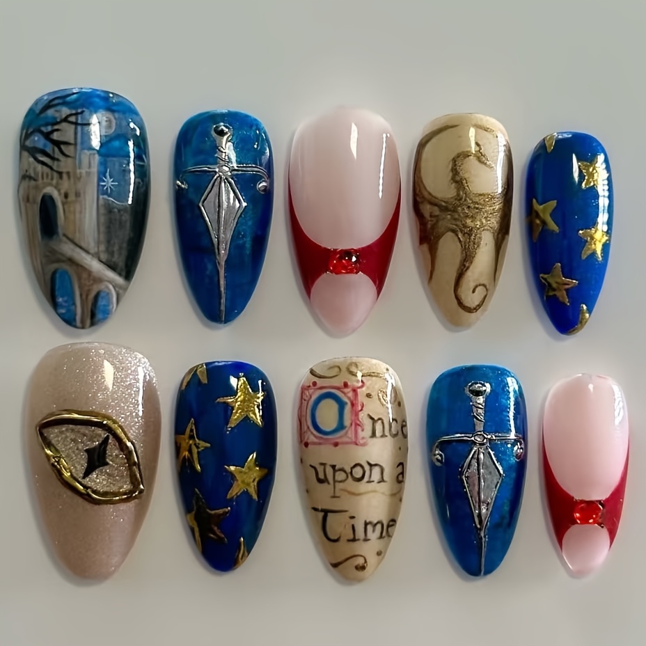 TEMU 24pcs Monaina Medieval False Nails Suitable For Knights Castle Themed Parties, Hand-painted Almond Shape Press- Nails With Jelly Glue Strips, &