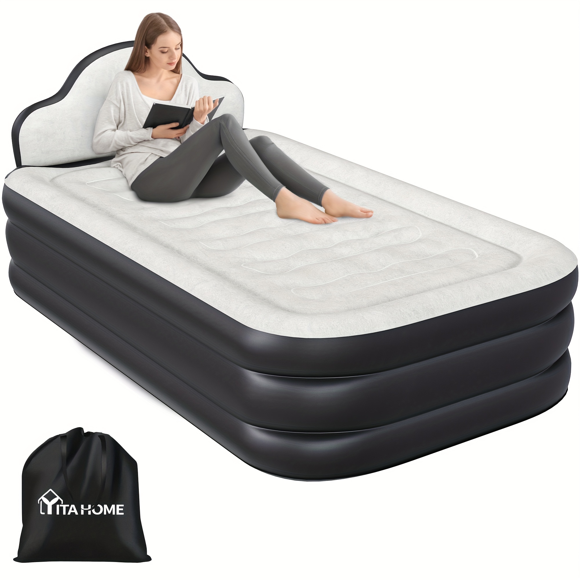 

Naturehavenshop Twin Xl Size Air Bed With Integrated Pump And Headboard, 18-inch Mattress Including Extra Inflation Valve, Carry Bag, And Repair Kit, Ideal For Travel, Camping, And Guest (black)