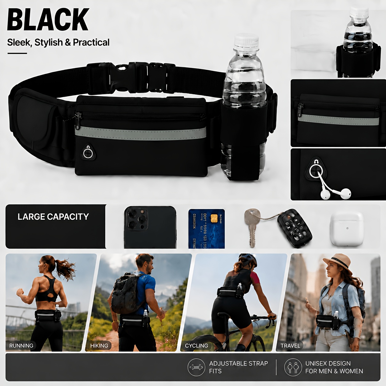 TEMU Riñonera para correr con portabotellas, bolsa de cintura deportiva multibolsillos, adecuada para jogging, senderismo al