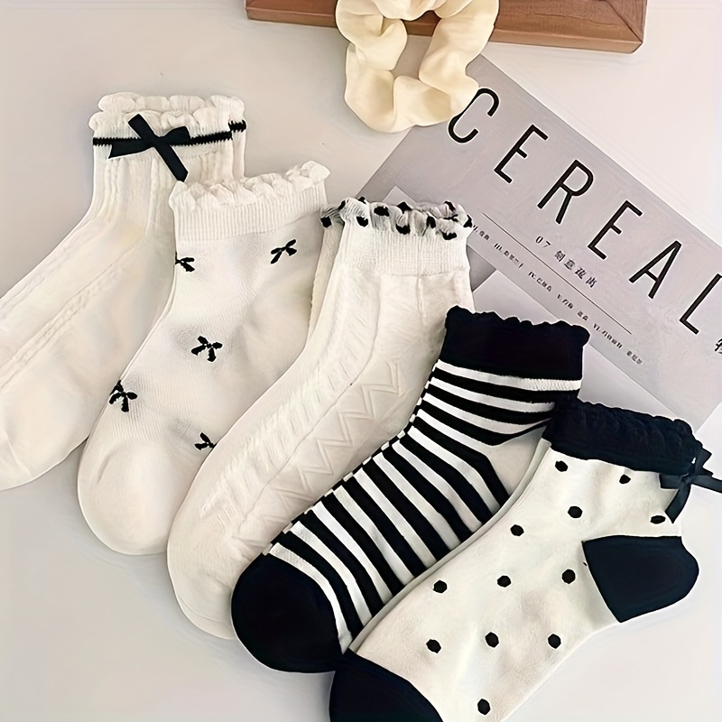 E-shop 5 Paar Fliege-Socken für Frühling Sommer, Spitze, kurz, einfarbig, atmungsaktive bequeme Knöchelsocken, Damenlange Socken Socken