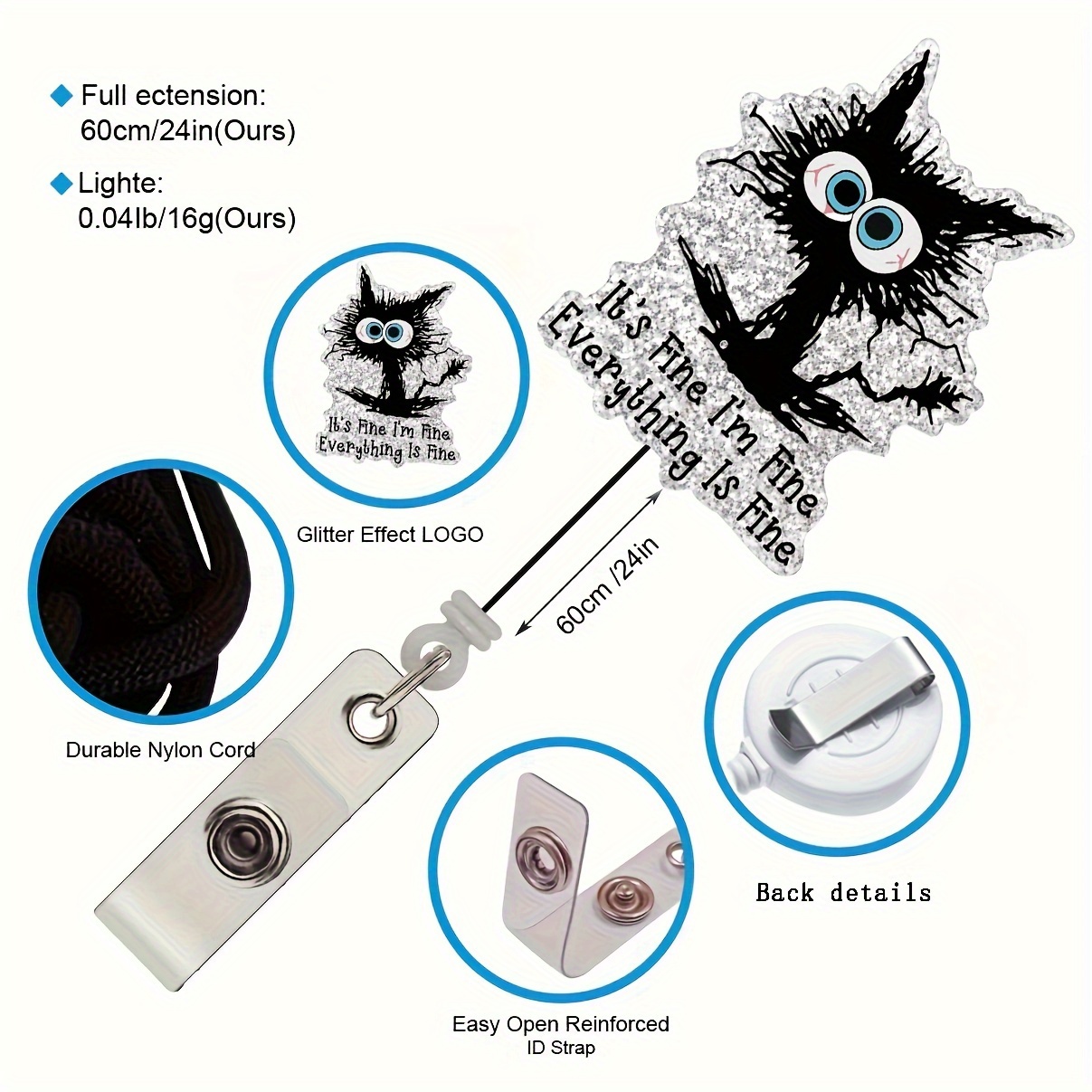 Food,pc It's Fine Retractable Silvery Glitter Badge Reel with Clip, Funny Black Cat ID Card Badge Holder Gift for Nurses Doctors Office Worker