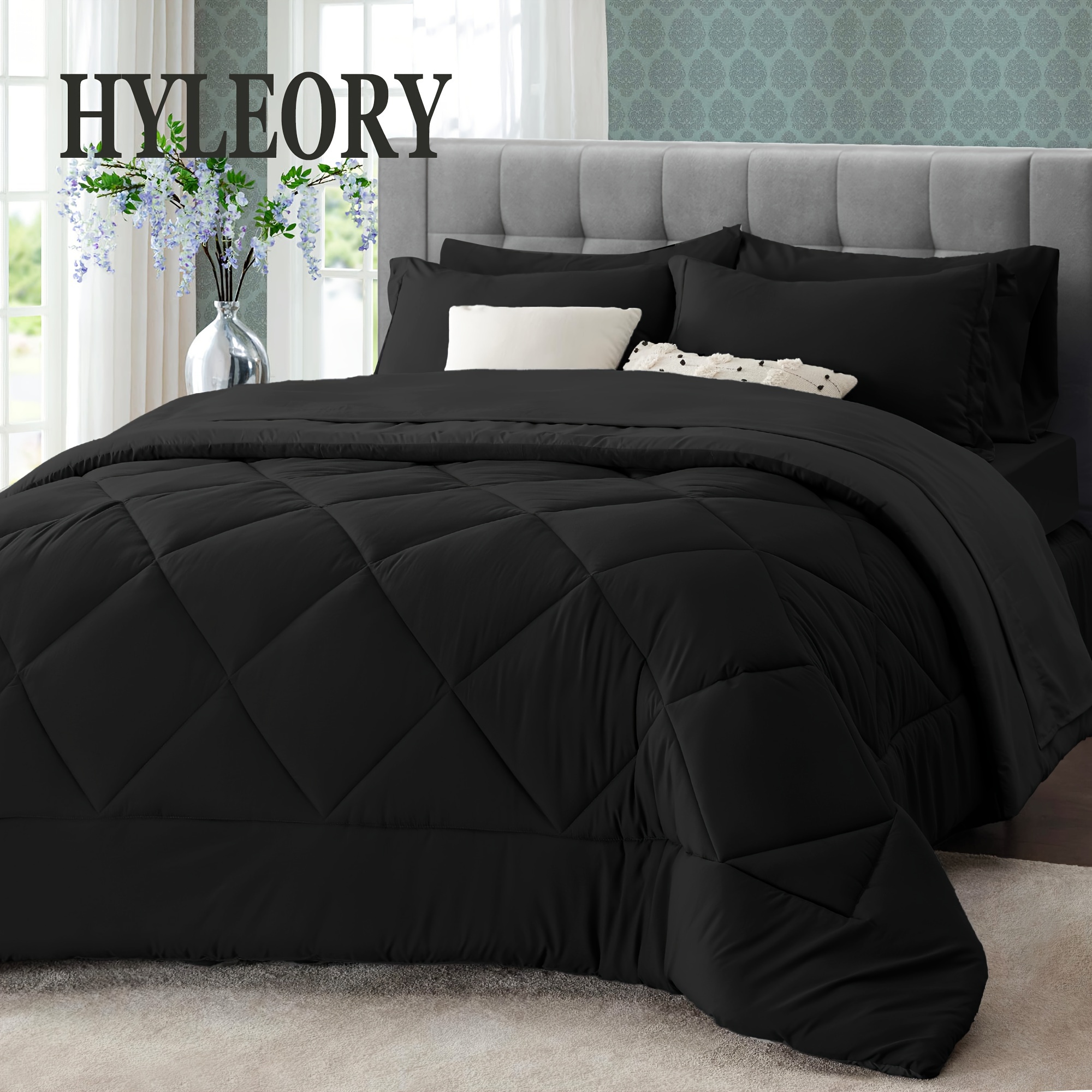 

Hyleory Black 200gsm Queen Size Comforter Set - 7 Pieces Reversible Bed In A Bag Bedding Set For Bedroom All Season With Comforter, Flat Sheet, Fitted Sheet, 2 Pillow Shams, 2 Pillowcases