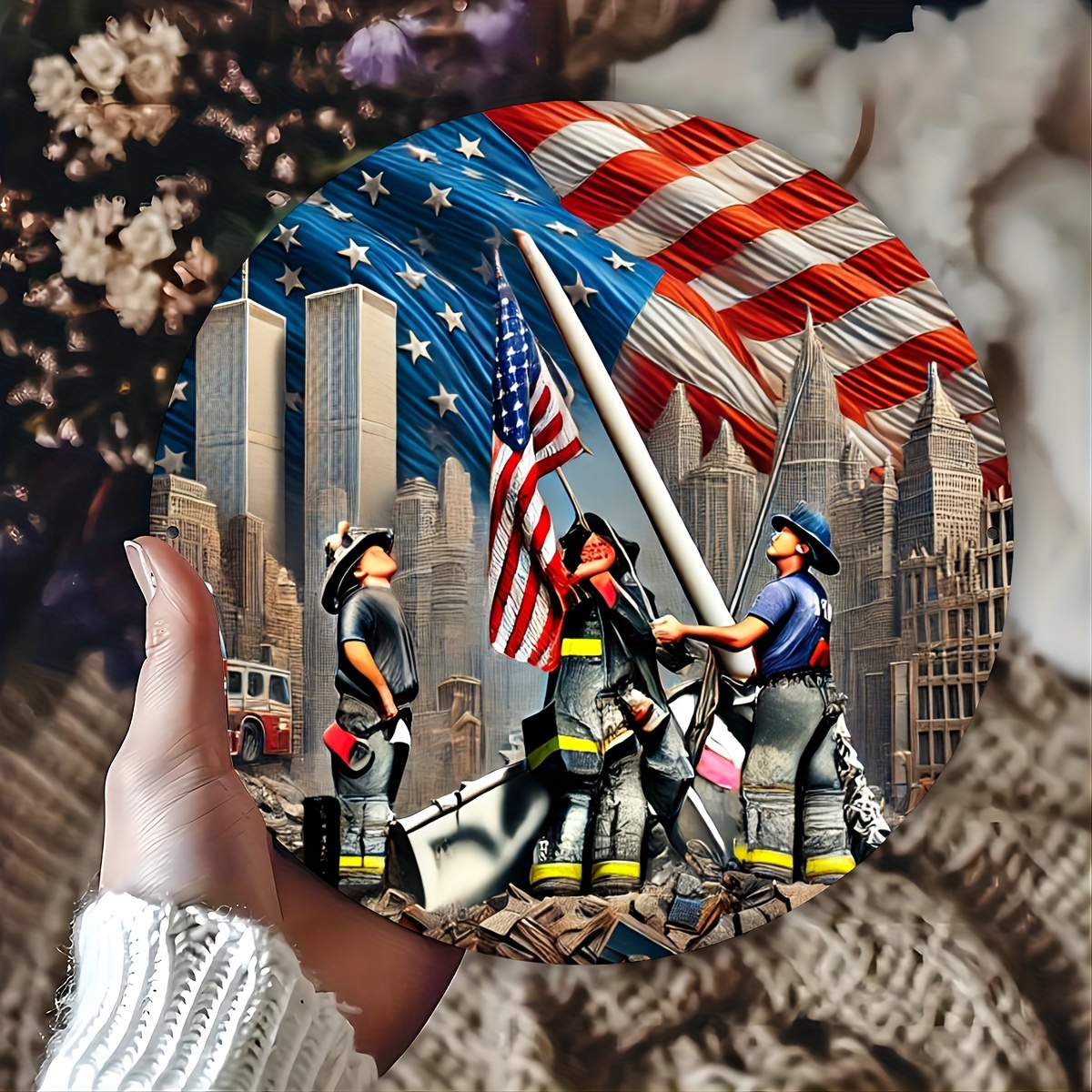 TEMU Patriotic Firefighter Round Aluminum Wall Plaque - With & American , Durable Metal Wall Art For Home, Office, Events - 20cm/7.87 Inch Diameter,