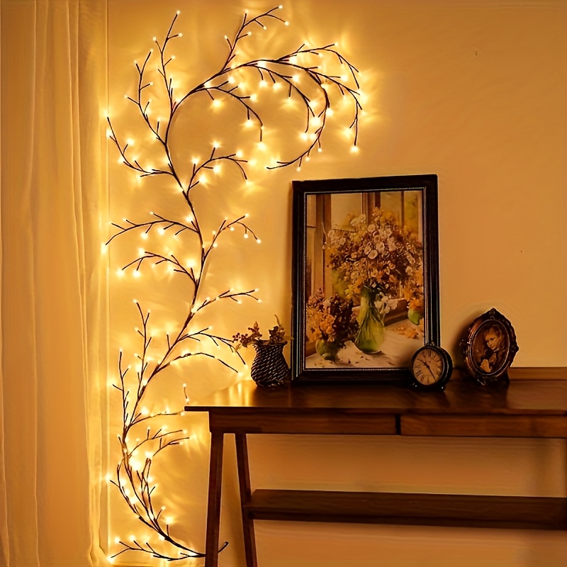 TEMU 1pc 96 Led 8 Modes Willow Rattan Lights 6ft Flexible Brown Rattan Lights Fairy Lights Flashing Artificial Branch Lights Led Lights For Wall