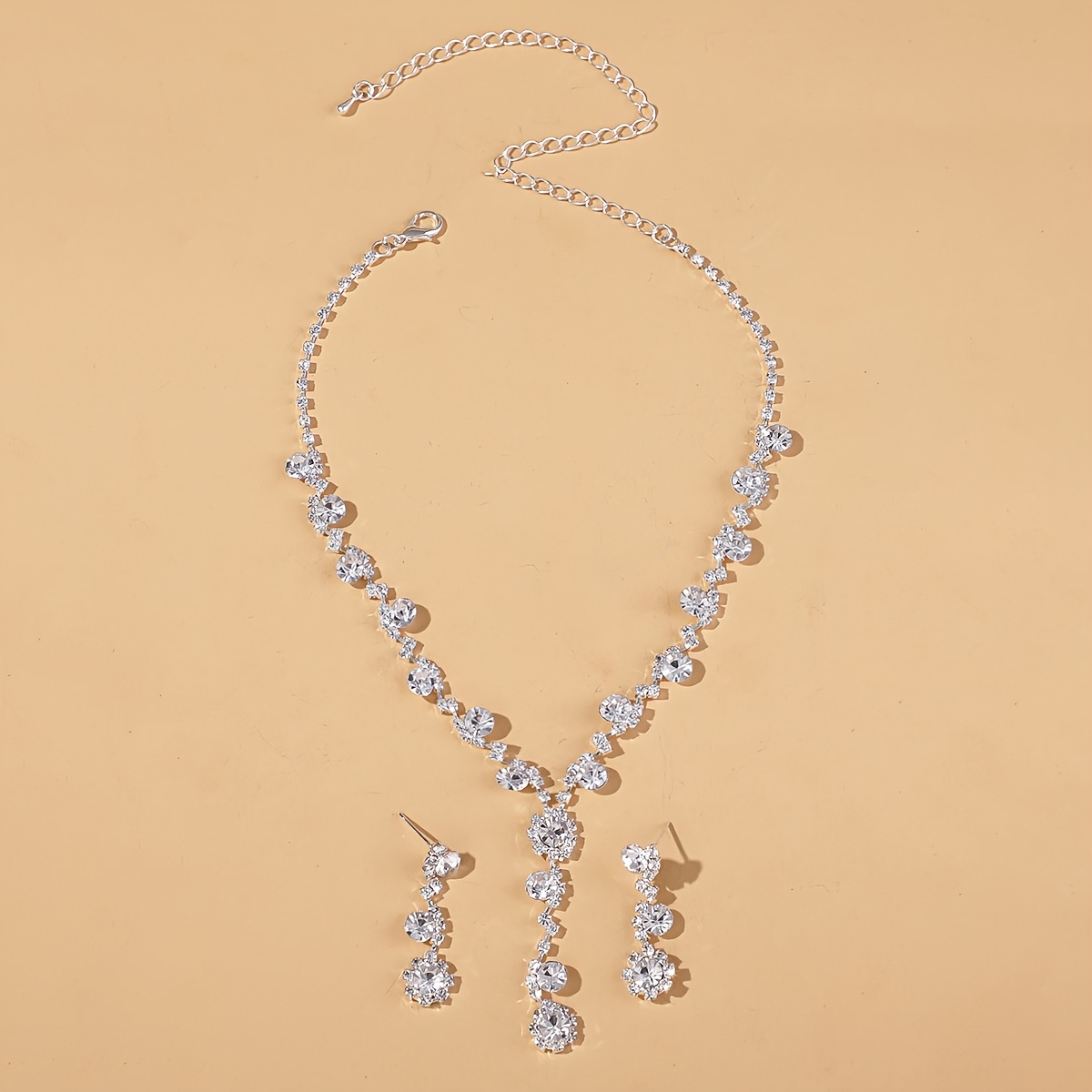 Silver Rhinestone Heart Necklace Earrings Set