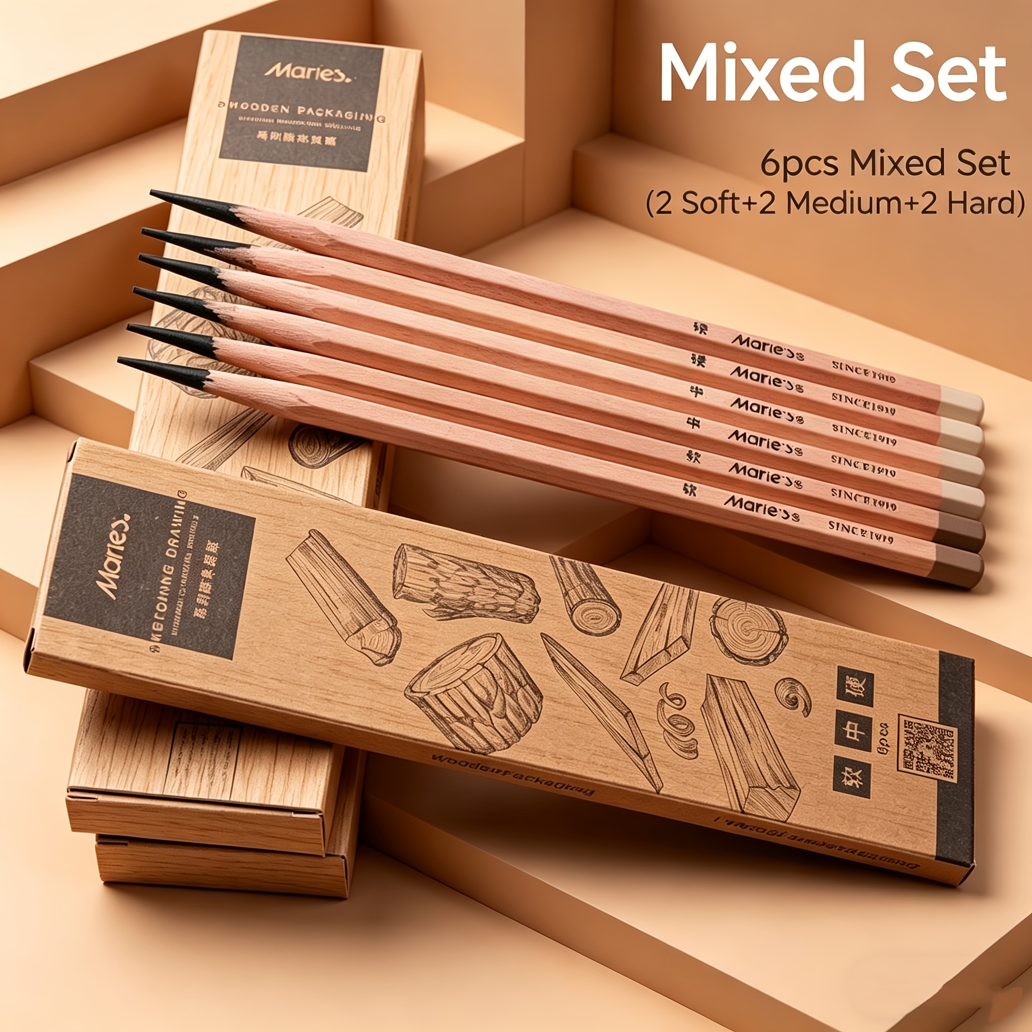 TEMU Marie' Natural Wood Charcoal Pencils - Soft, Medium, And Hard - 12pcs Per Box; Soft, Medium, And Hard Mixed - 6pcs Per Box. Hexagonal Natural