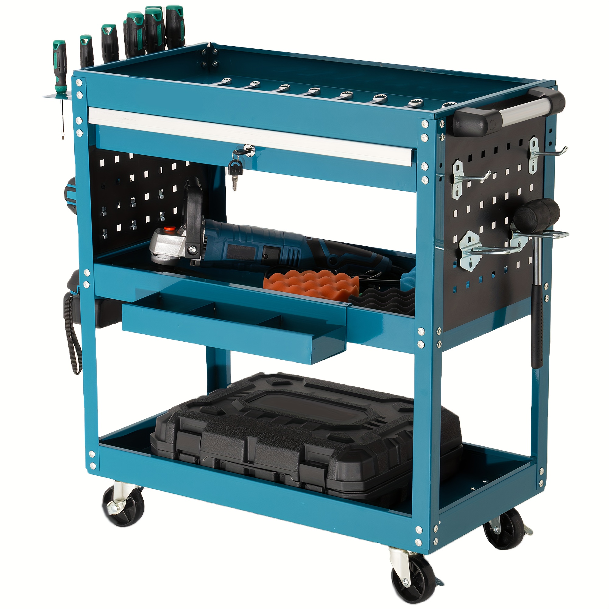 

3 Tier Rolling Tool Cart, 330 Lbs Capacity Heavy Duty Utility Cart, Industrial Tool Cart, Tool Organizer With Wheels, Storage Drawer, Design For Garage, Warehouse&, Blue