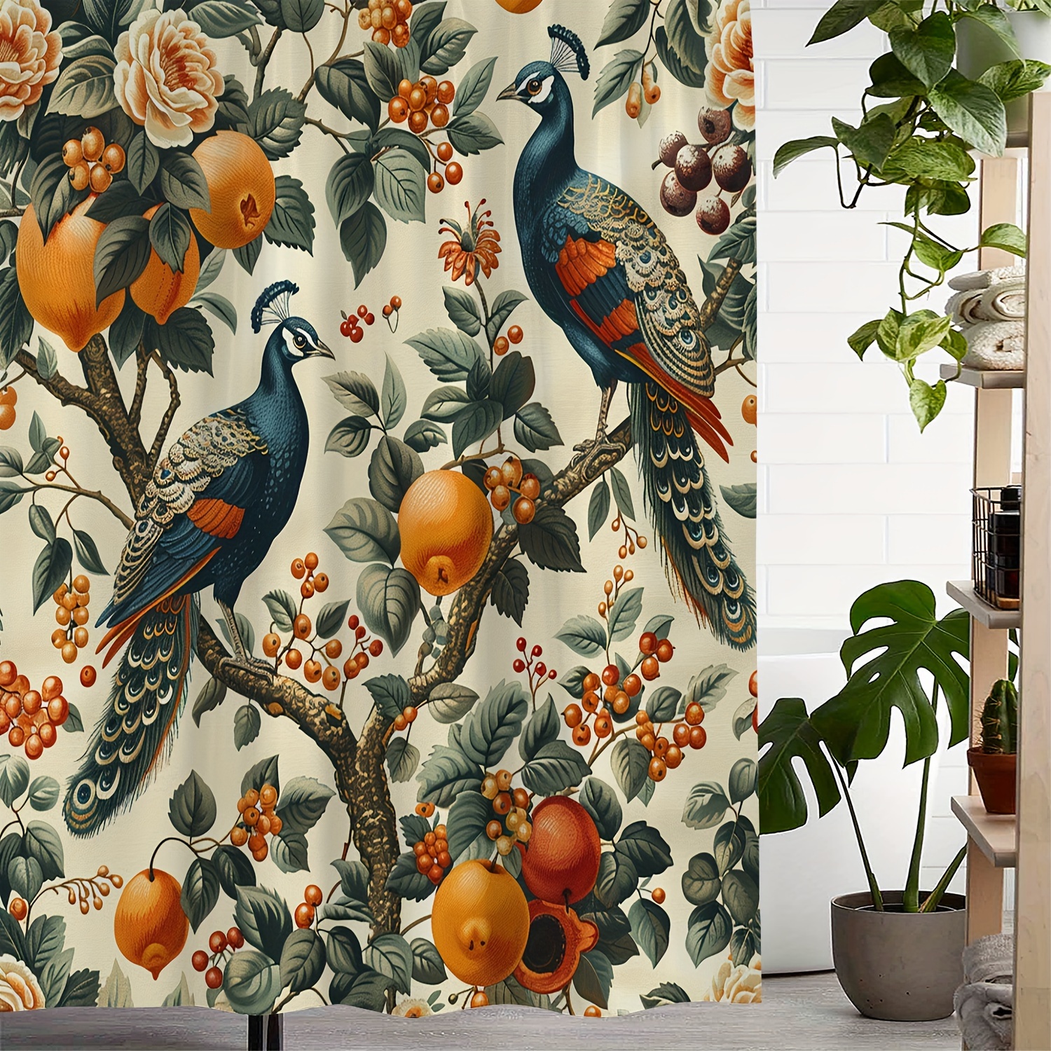 

Water-resistant Polyester Shower Curtain With Peacock And Tree Print, Machine Washable, Artistic Design With 12 Hooks Included