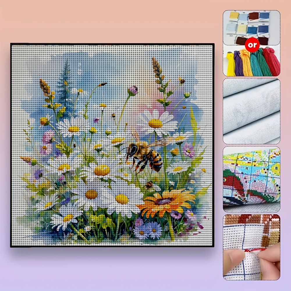 Frameless Stitch Print Kit, Bee Pattern in Flowers