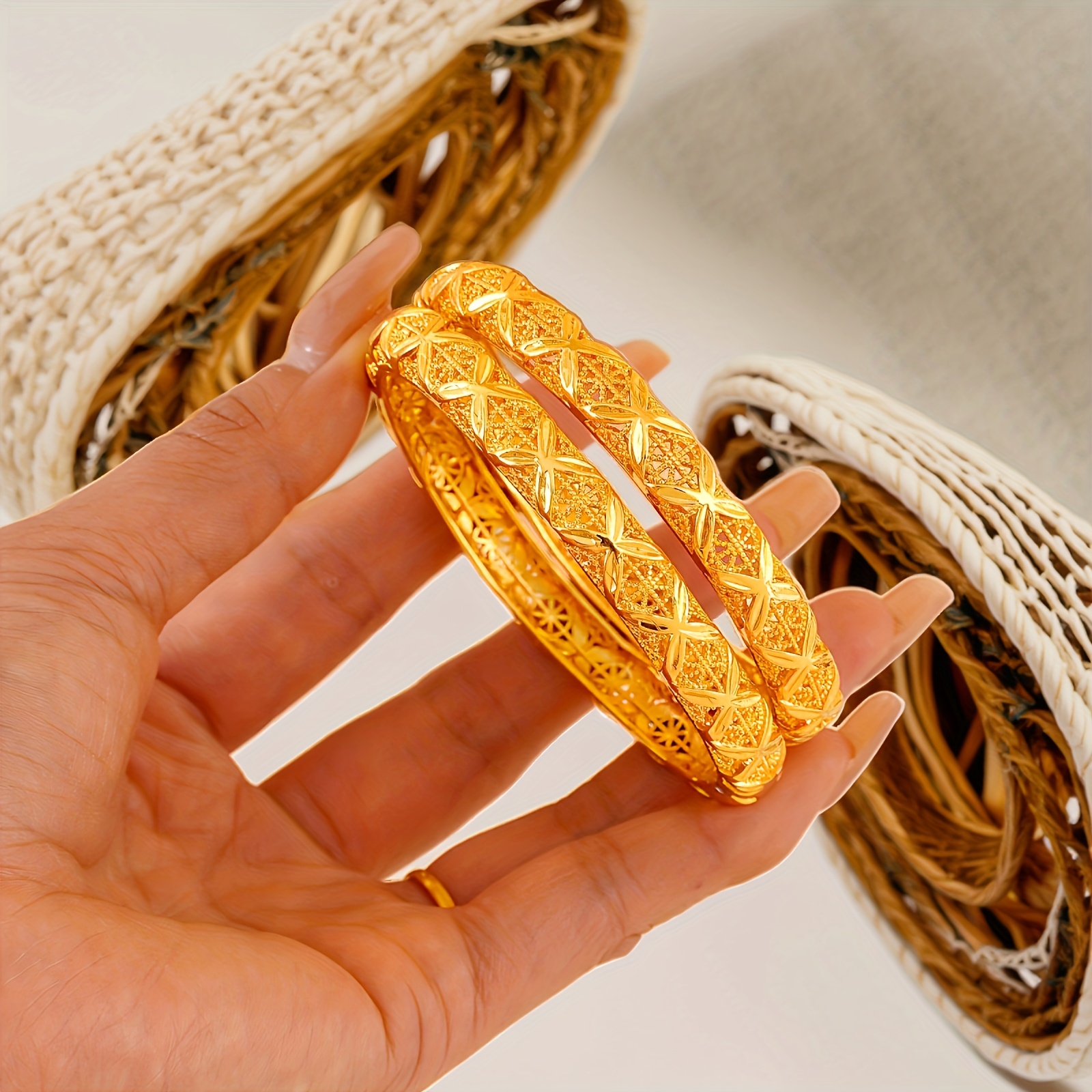 3pcs Golden Plated Open Bangle Bracelets for Daily Matching