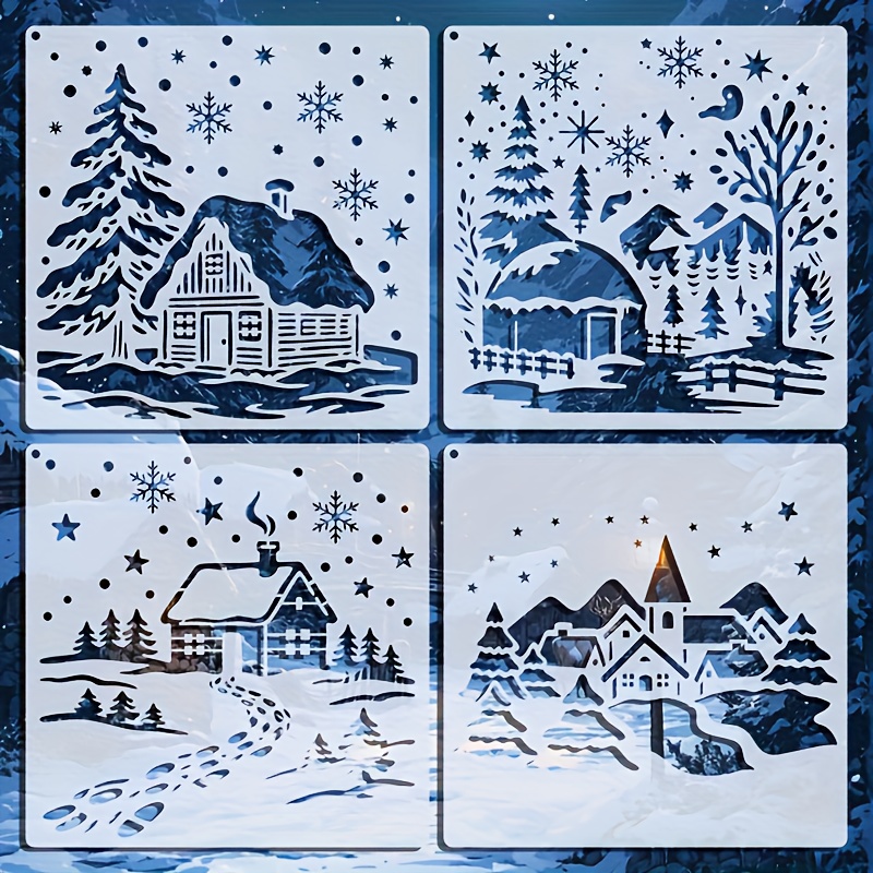 Image of Set Of 4 Winter-themed Templates, Measuring 5.9 Inches, Designed For Crafts Featuring Christmas Snowflakes, Houses, And Forests. Ideal For Painted Decorations, Wall Art, And Festive Decor On Canvases
