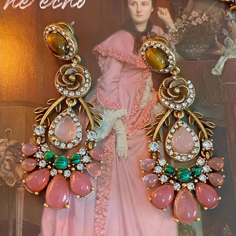 TEMU Pink Floral Tassel Gentle Earrings, A Pair Of Retro Earrings With Elegant Synthetic Zirconia, High-end Special Jewelry Comes With Its Own
