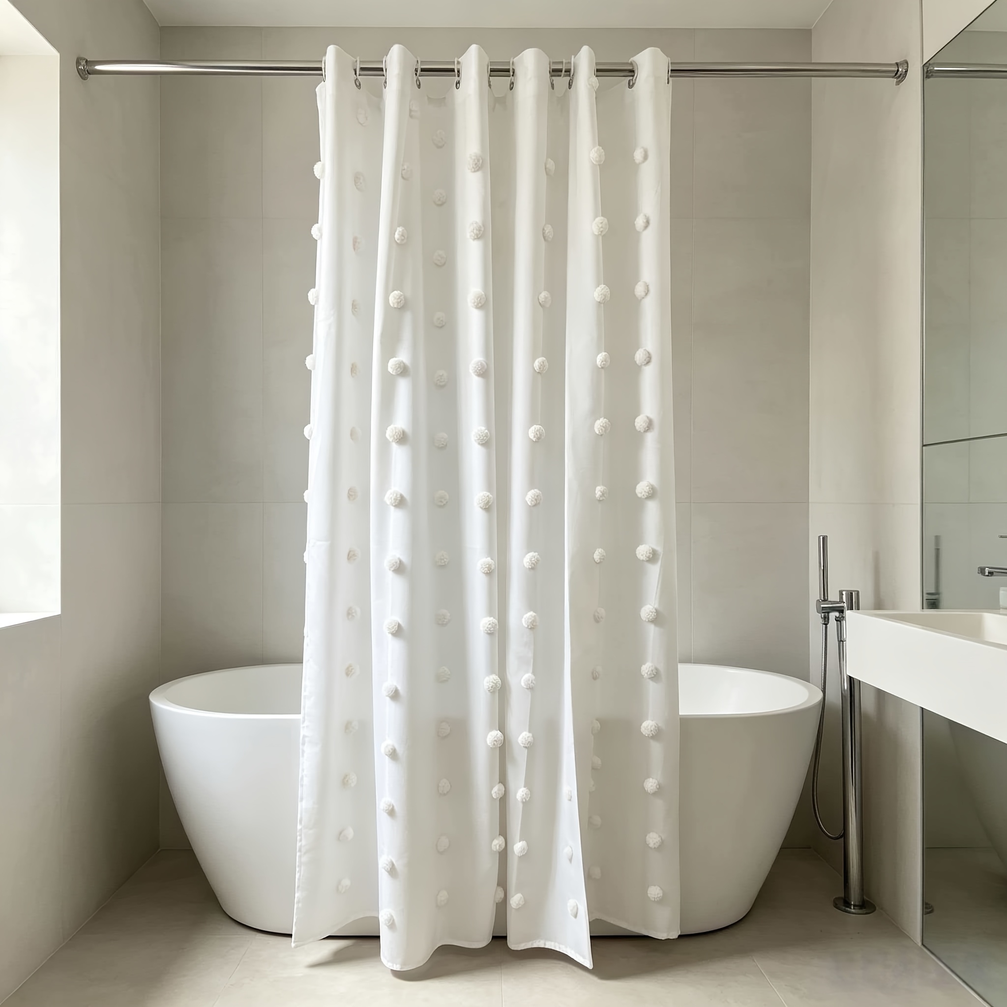 TEMU 1pc White Hydrangea Shower Curtain, White Pom Pom Curtain, Home Decor Curtain, Bathroom Curtain With Matching Hooks