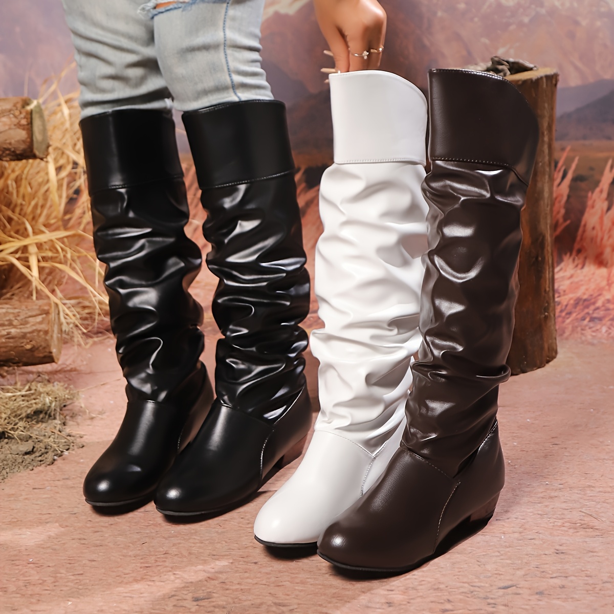 einfarbige damen kniestiefel blockabsatz modische Temu Austria