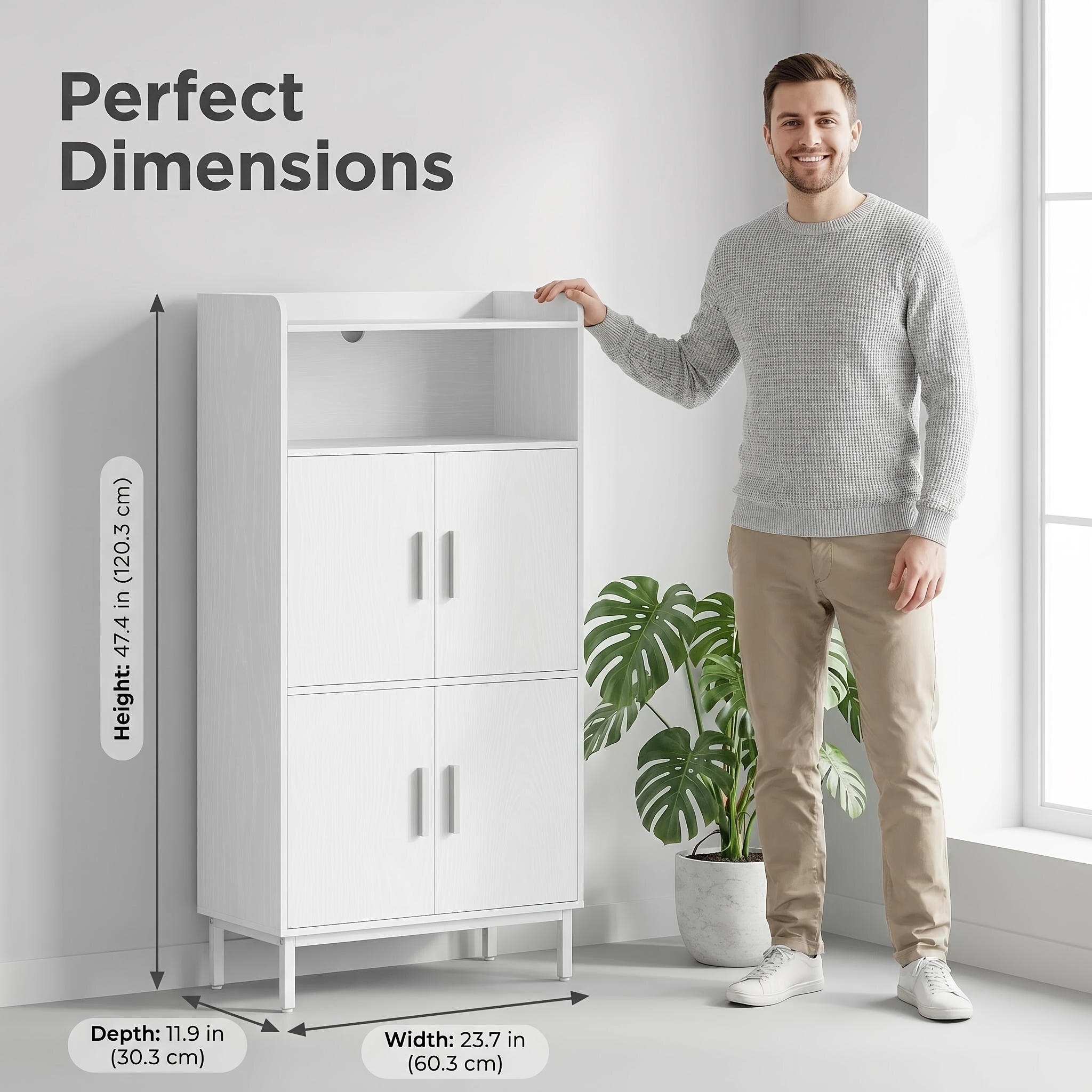 TEMU Tall Bathroom Vanity Unit With 4 Closed Doors, Open Storage Area, Adjustable Shelves, Magnetic Doors, Adjustable Feet, And Anti-tipping White