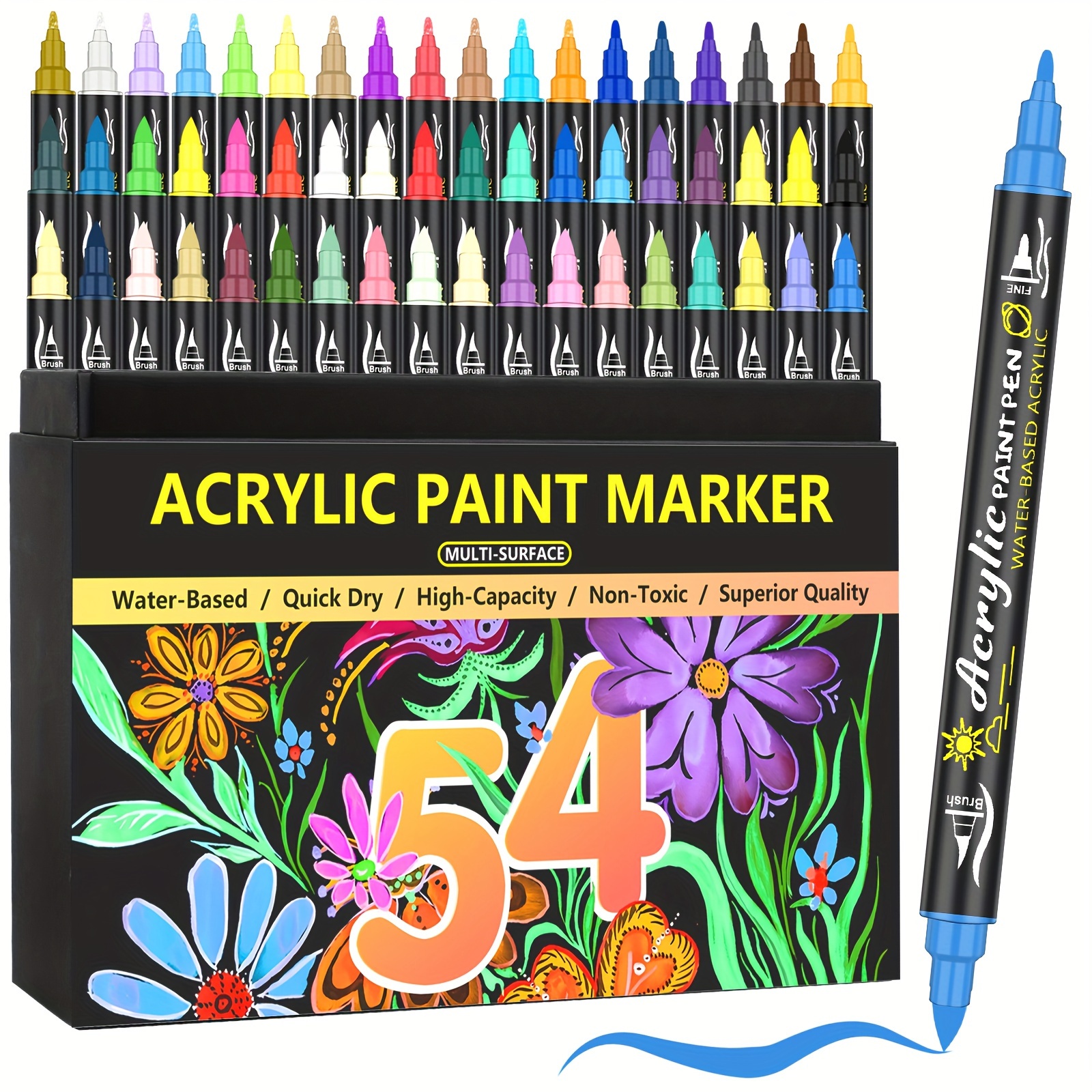 

54 Colors Acrylic Paint Markers - Dual-tip, Fine And Brush Tips, Suitable For Stones, Canvas, Rocks, Diy Crafts, And Glass