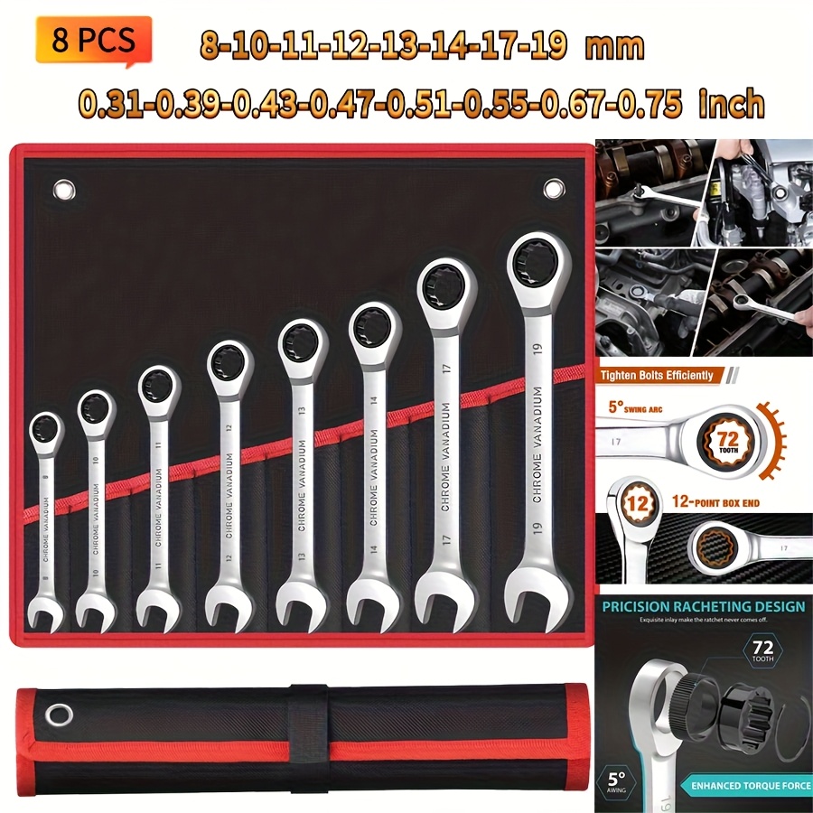 TEMU Ensemble de clés en acier chrome vanadium 3pcs/6pcs/8pcs/12pcs (8-19mm) - Clé à cliquet à tête fixe, fonctionnement mécanique, non réglable |