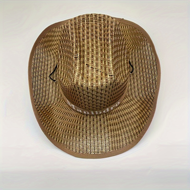 Men's Summer Punk Rock Style Straw Hat, Breathable Mesh Sun Hat, Bucket Hats, Wide Brim Cowboy Fishing Hat, Beach Holiday Accessory,Casual,Temu