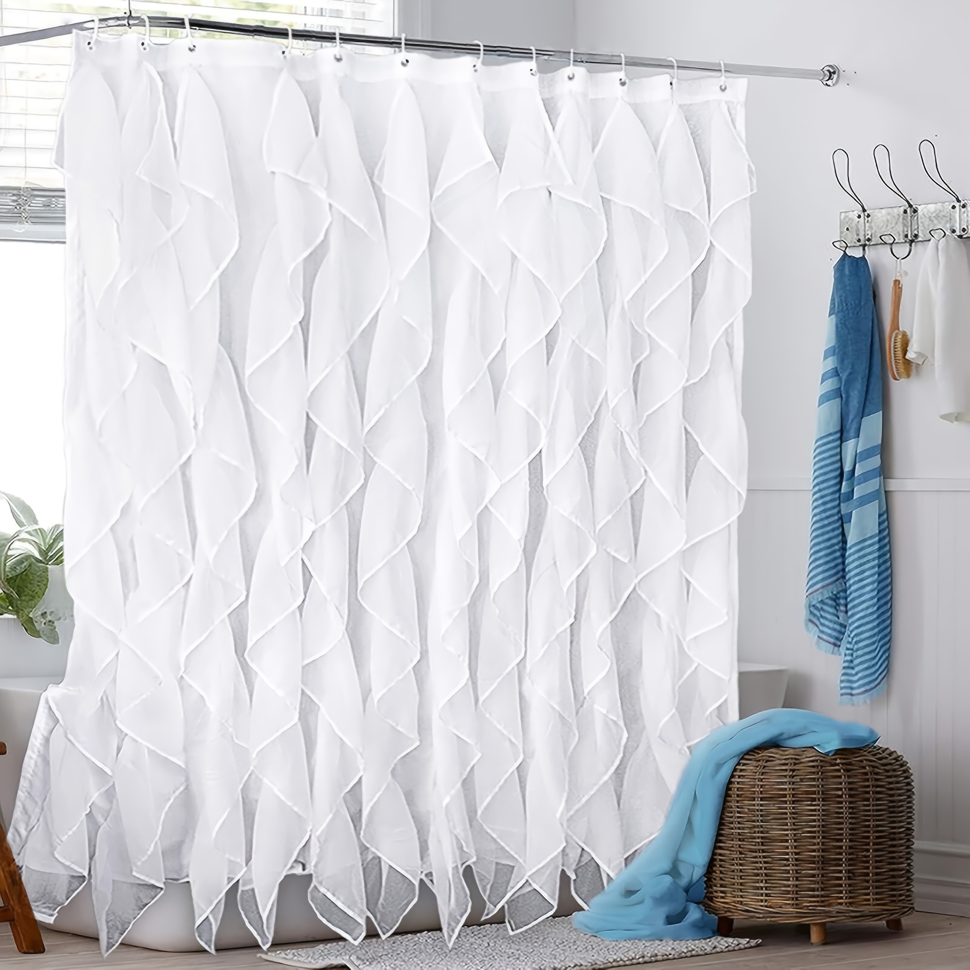 

1pc Elegant White Tassel Pleated Shower Curtain - Waterproof Polyester, Chevron Design, Wash, For Stylish Bathroom Decor, Shower Curtain For Bathrooms