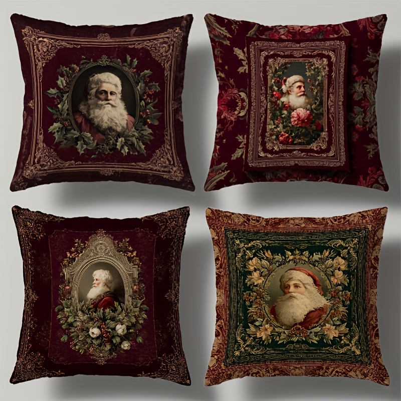 TEMU Set Of 4 Short Plush Large 18x18 Inches (45x45 Cm) Christmas Season Pillow Covers - Red And Golden Luxurious Decorative Cushion Covers With