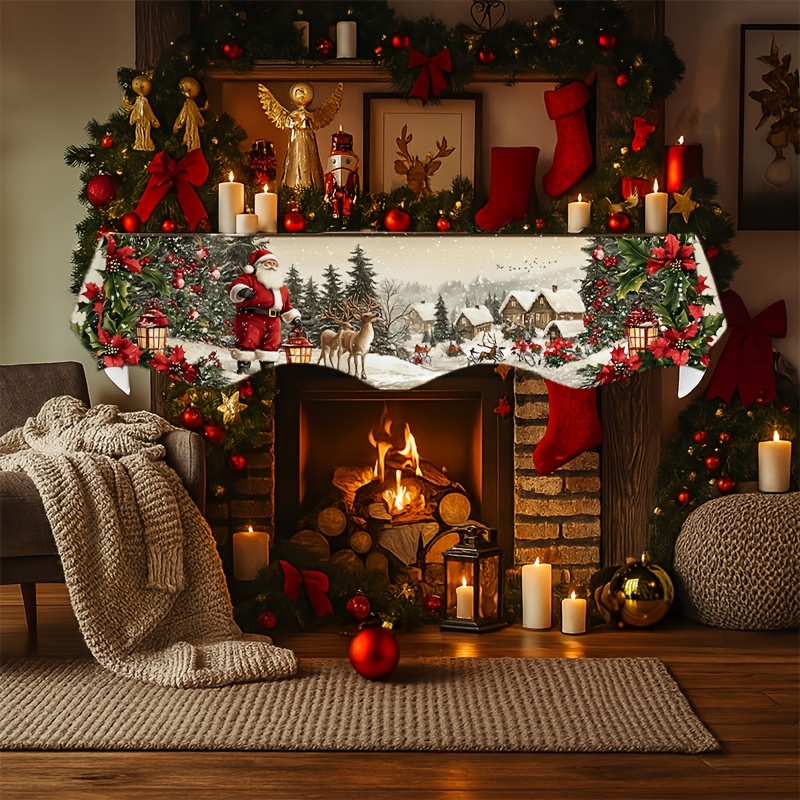 TEMU 1pc Christmas Fireplace Mantel Scarf, Santa Reindeer Lanterns Snow Landscape Fireplace Scarf Cover, 78.7x19.6 Inches, Living Room Kitchen Mantel
