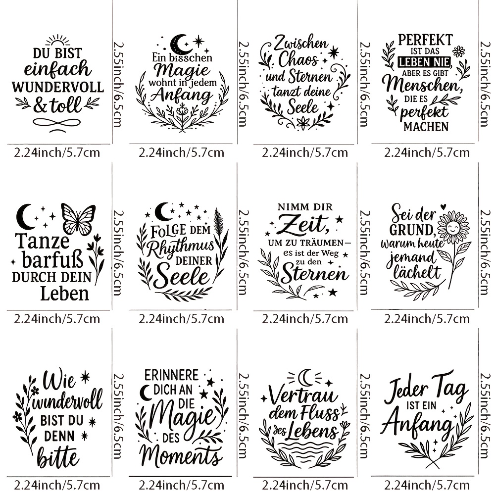 Image of 12pcs German Positive Saying Theme Transfer Stickers Uv Dtf Decal Set - Multifunctional Durable Transfer Paper, Suitable For Furniture, Glass, Wood, Easy To Stick Home And
