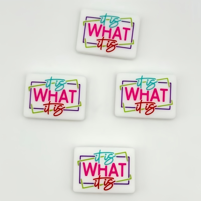 TEMU 4pcs Of Silicone Focus Beads, " What ", White Background Colored Text Silicone Beads, Suitable For Making, Keychains, Bracelets, Hanging Ropes,