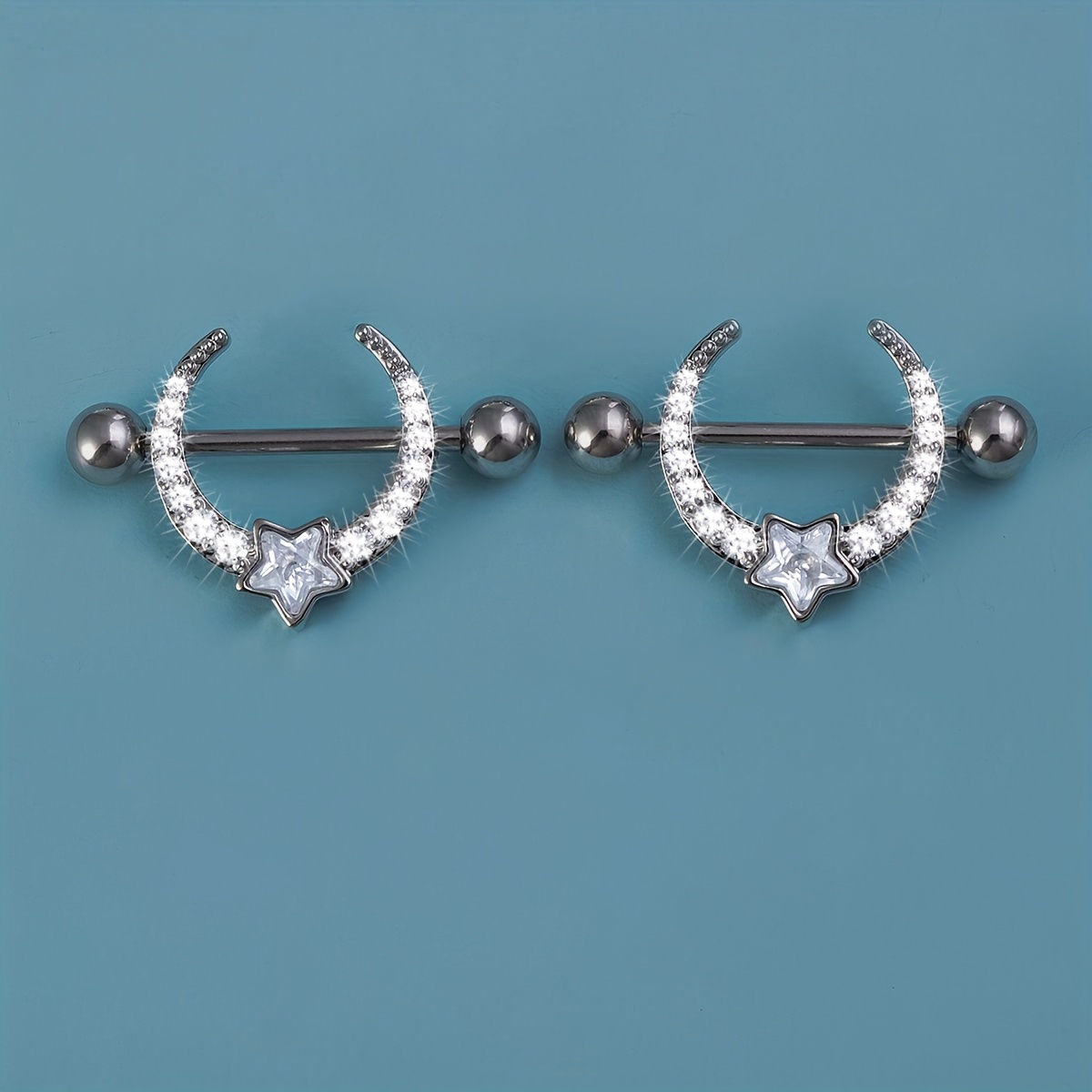 TEMU 2/4pcs Moon And Star Shape Body Piercing Barbell Rings Synthetic Zirconia Piercing Jewelry For Women Men