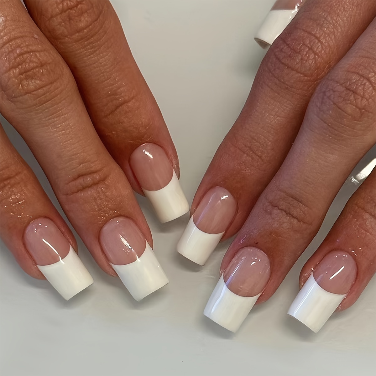 

24 Pieces Of Medium Length Square Wearing Nails In Soft Pink And White With French Tip Design - Includes 1 File Board And 1 Adhesive Sheet