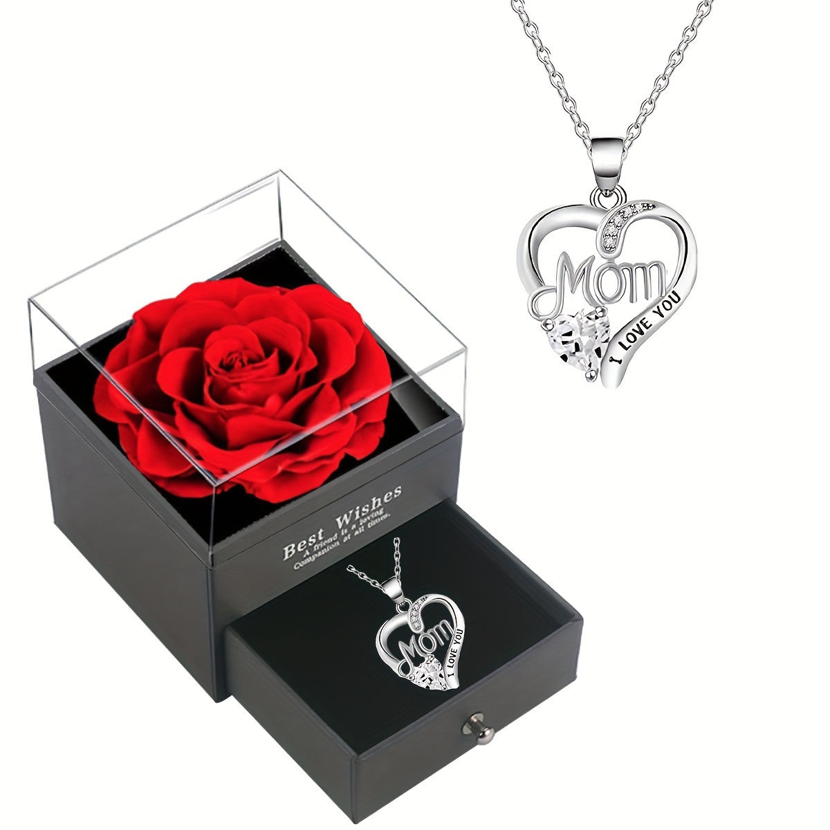 

Collier pendentif design Hollow Heart MOM avec une boîte-cadeau de rose en savon exquise, un cadeau élégant pour la mère