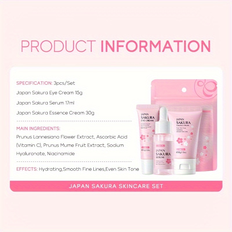 

3 Pcs Sakura Facial Care Set, Hydrating, Moisturizing, Keep Skin Moist And Smooth, Firming Skin,, Increase Skin Elastictiy, Travel Set, Gift Set For Holiday, Birthday, Valentine's Day