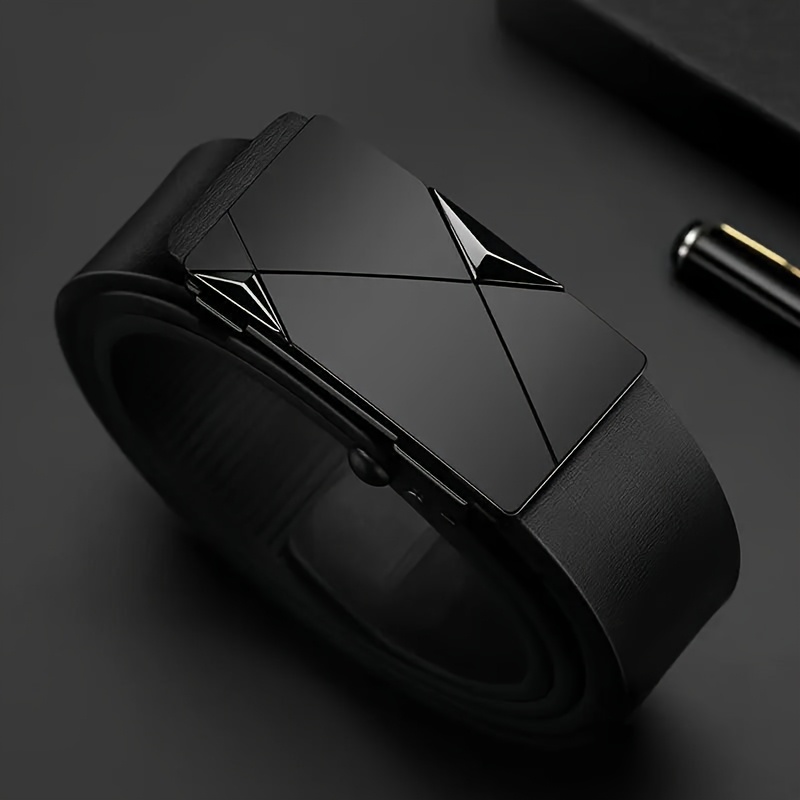 TEMU Men's Business Automatic Belt Geometric Cut Alloy Easy Elegant Trendy Accessory Matte Black Texture Smooth Suitable For Business Formal Outfit