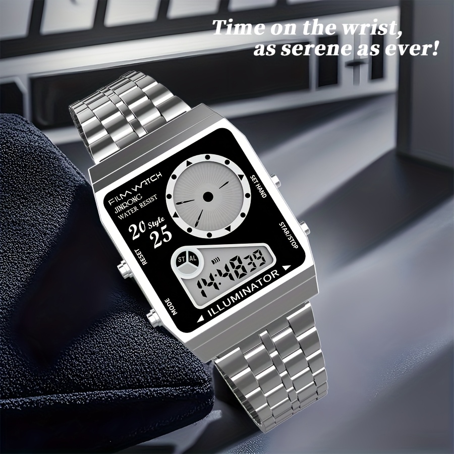 2025 sports watch 30  steel strap   alloy case   with stopwatch alarm clock rectangular dial multi function outdoor electronic movement sleek   for men and women watch details 8