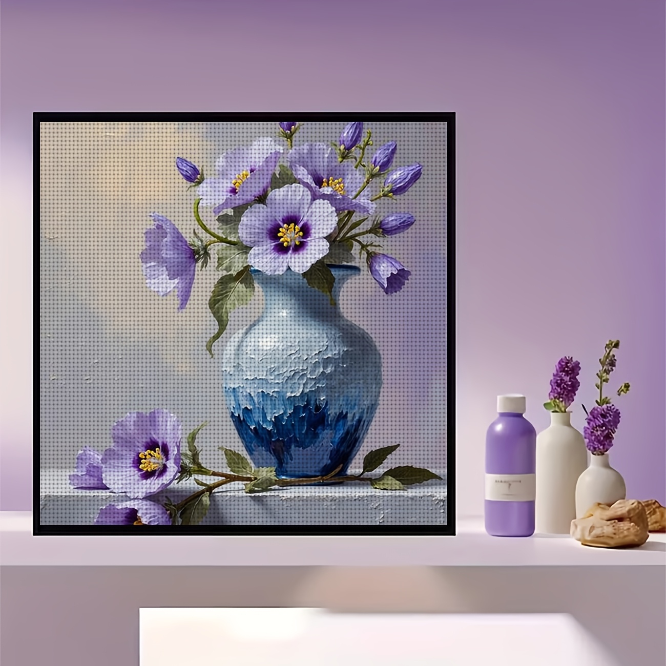 DIY Cross-Stitch Printed Kit, "Blue Bottle with Blooming Purple Flowers"
