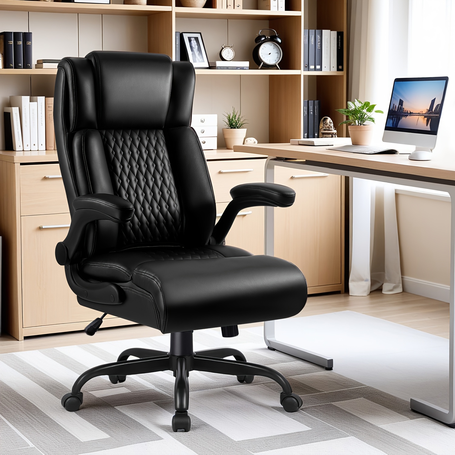 Image of Big And Tall Office Chair | Ergonomic Faux Leather, Black Heavy Duty With Flip-up Armrest, Comfortable High Back, Lumbar Support, 400 Lbs Capacity, Pukami Brand