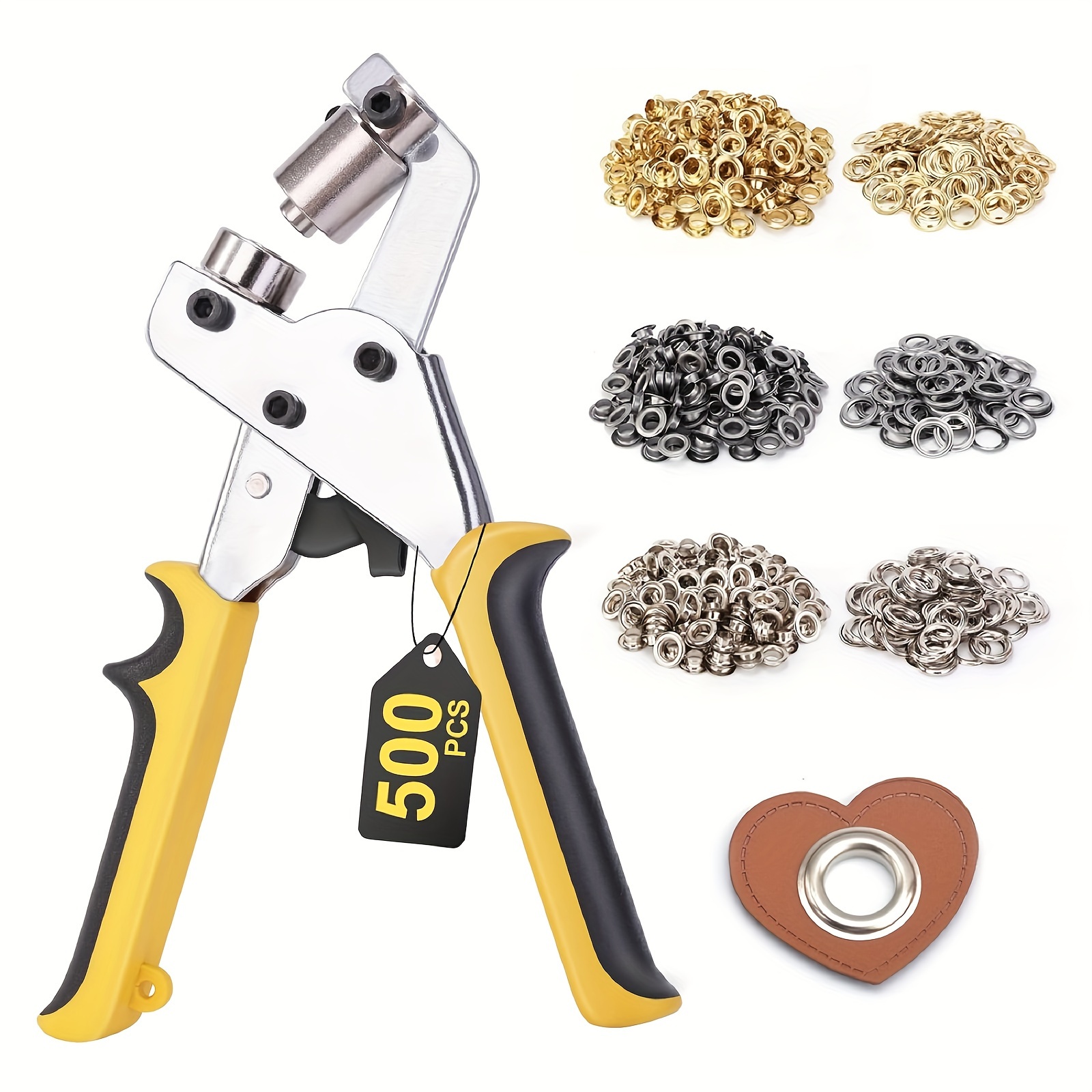 

3/8 Inches Grommet Tool Kit, Grommet Kit, 10mm Eyelets And Grommets Kit Press Pliers Punch Hole Maker Manual Handheld Machine With 500pcs Grommets ( 200 Golden+150 Silvery+150 Grey)