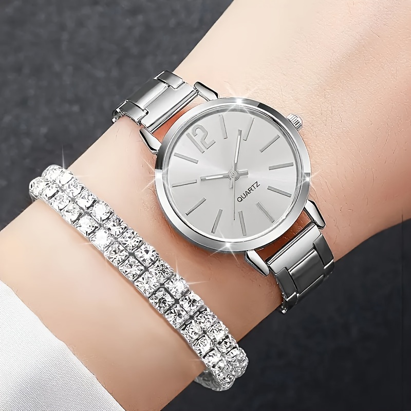 

2 Pcs Silvery Round Quartz Watches Alloy Strap Alloy Pointer Alloy Dial And Rhinestone Bracelet Jewelry For Women