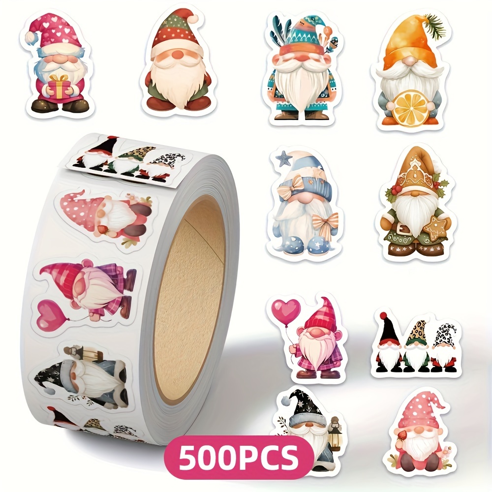 Image of 1 Roll/500 Sheets Of Festive Gnome & Santa Sticker Tape - Self-adhesive, Mixed Color Cartoon Designs For Laptops, Notebooks, Envelopes, Mugs & More