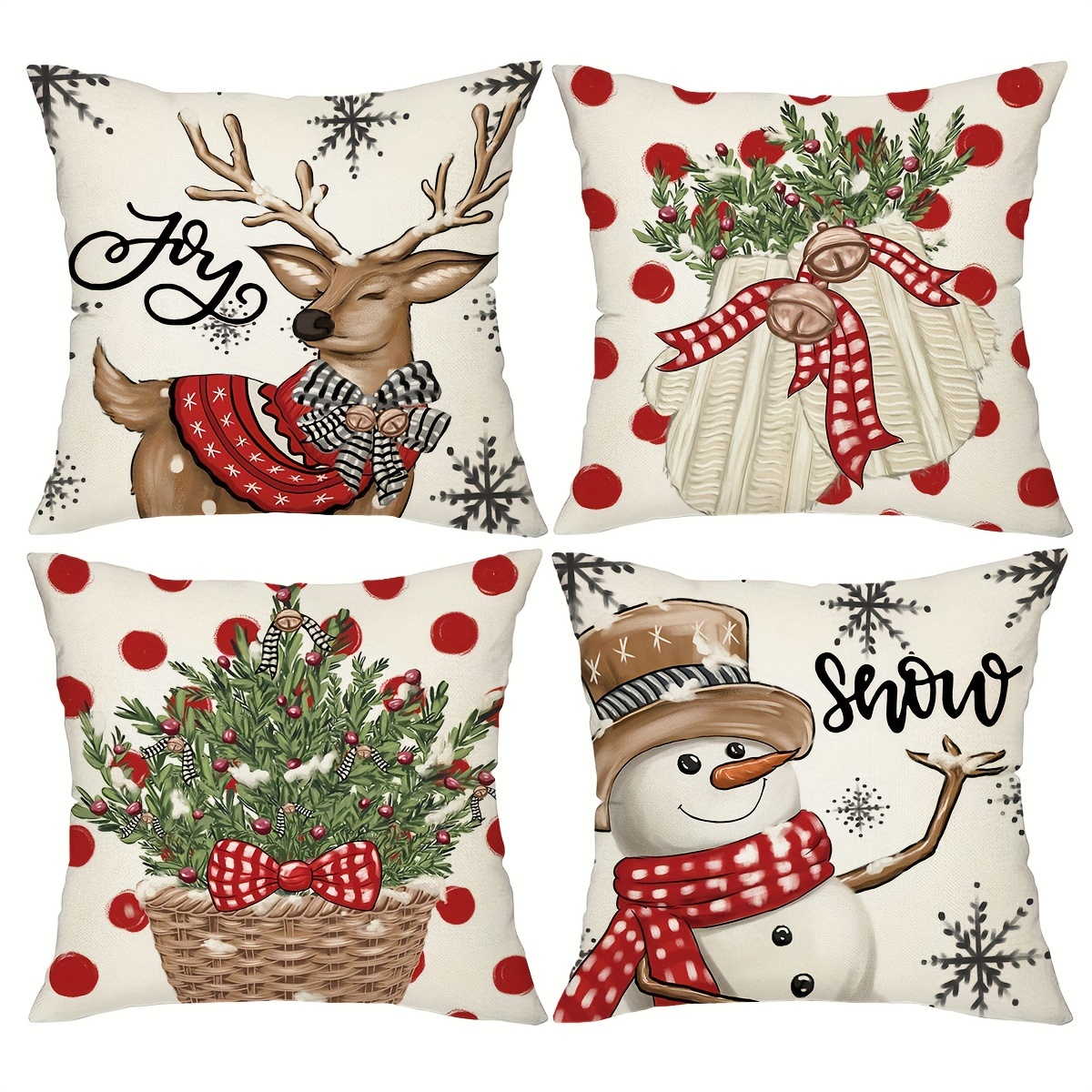 

4pcs, Christmas , Snowman Eucalyptus Cushion , 18in*18in, Decor Pillowcases, For Sofa , Set Of 4, Inserts