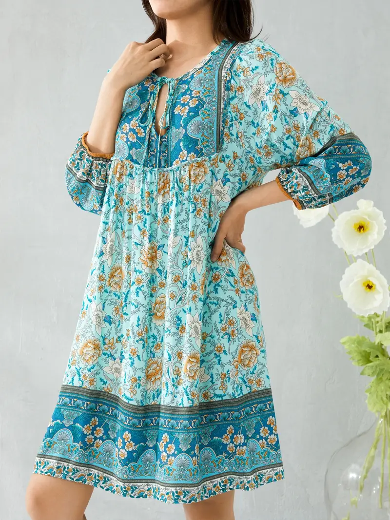 womens boho mini dress summer floral 3 4 long sleeve v neck - Temu womens boho mini dress summer floral 3 4 long sleeve v neck - Temu
