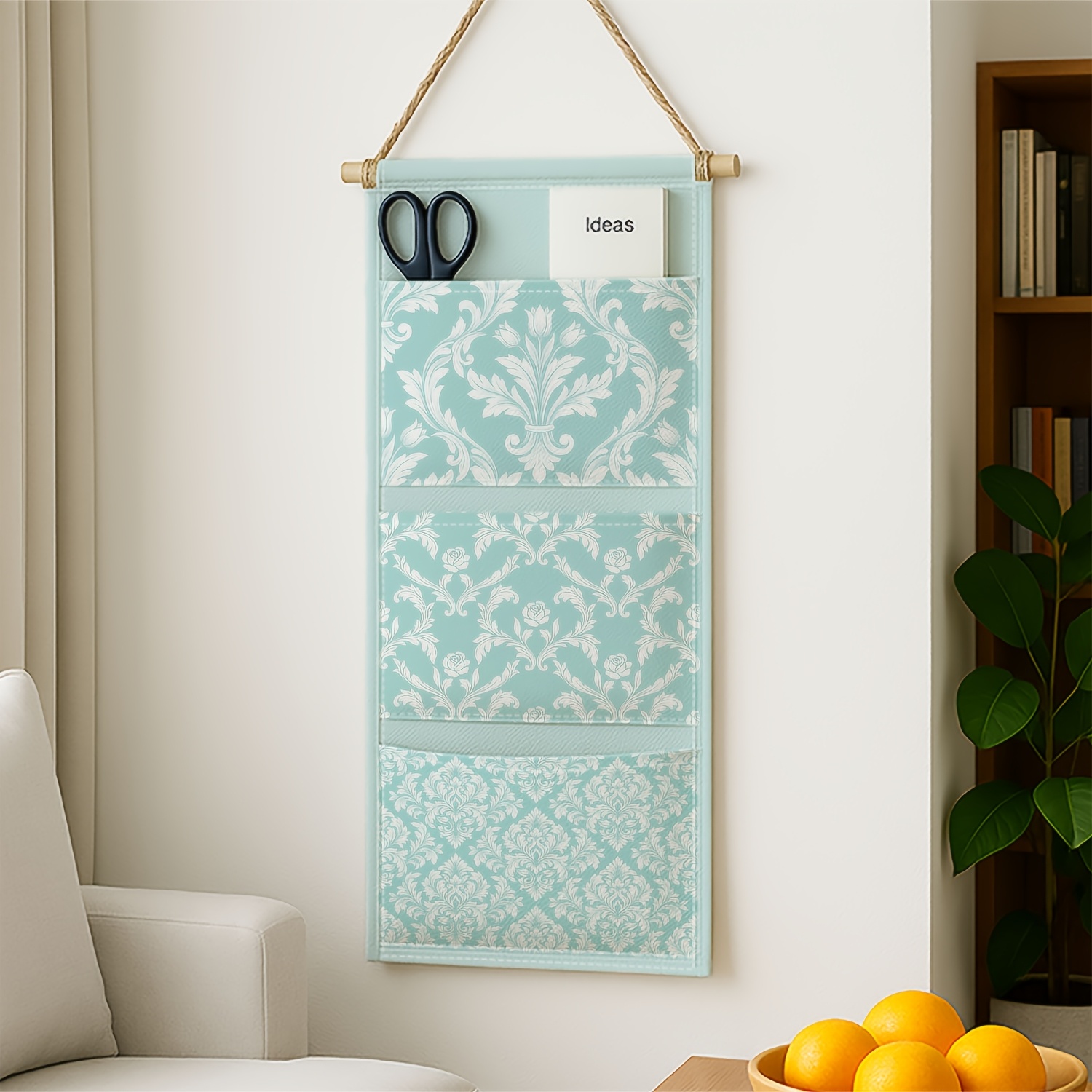 TEMU 1pc Wall-mounted Fabric Storage Shelf Featuring European Damask Design In Mint, This Elegant 3-pocket Hanging Organizer Is Ideal For The Living