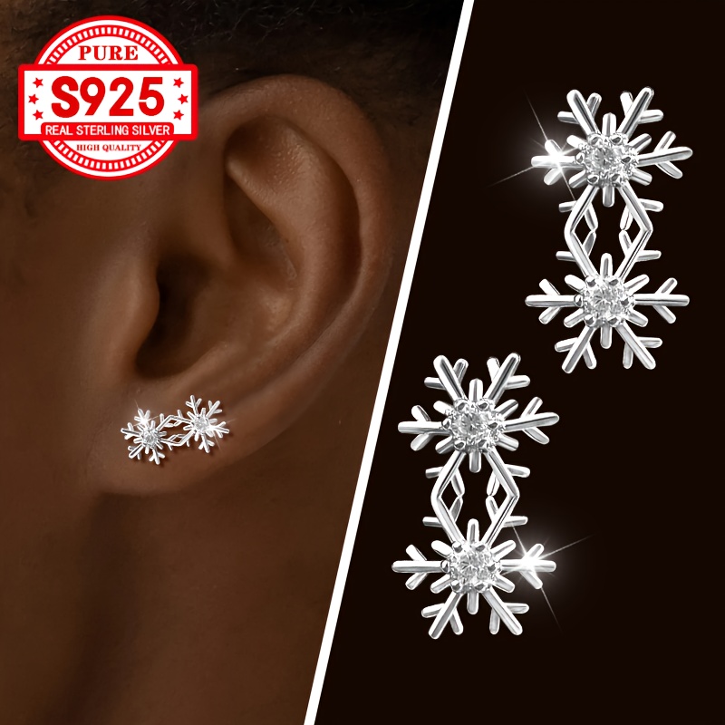 Double Snowflake Zirconia Earrings, S925 Silver