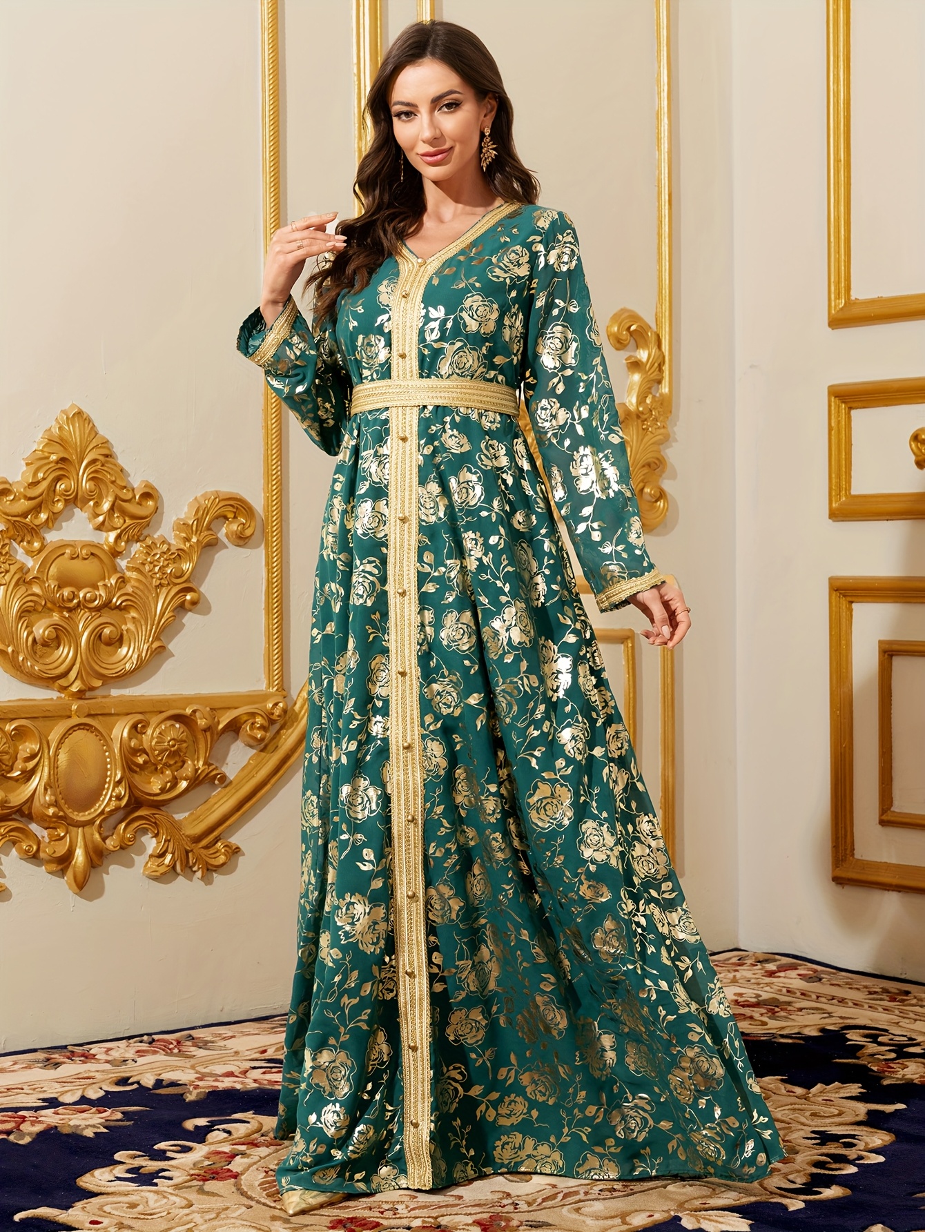 dubai arabic v neck abaya dress golden floral print long - Temu Philippines
