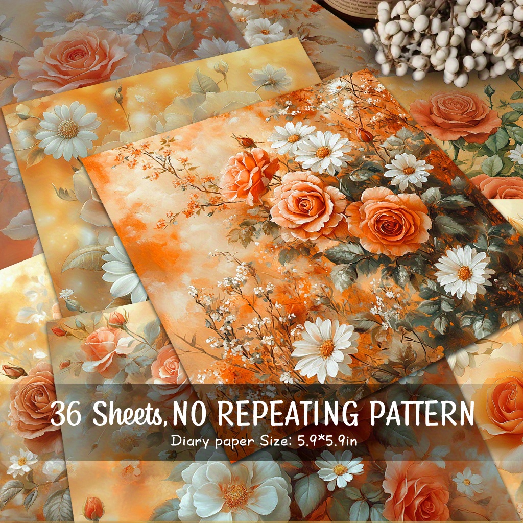 E-shop 36 Blatt -Papier mit orangen Rosen und Gänseblümchen, Dekopapier, Materialpapier, geeignet für Hintergrundkarten, handgemachte