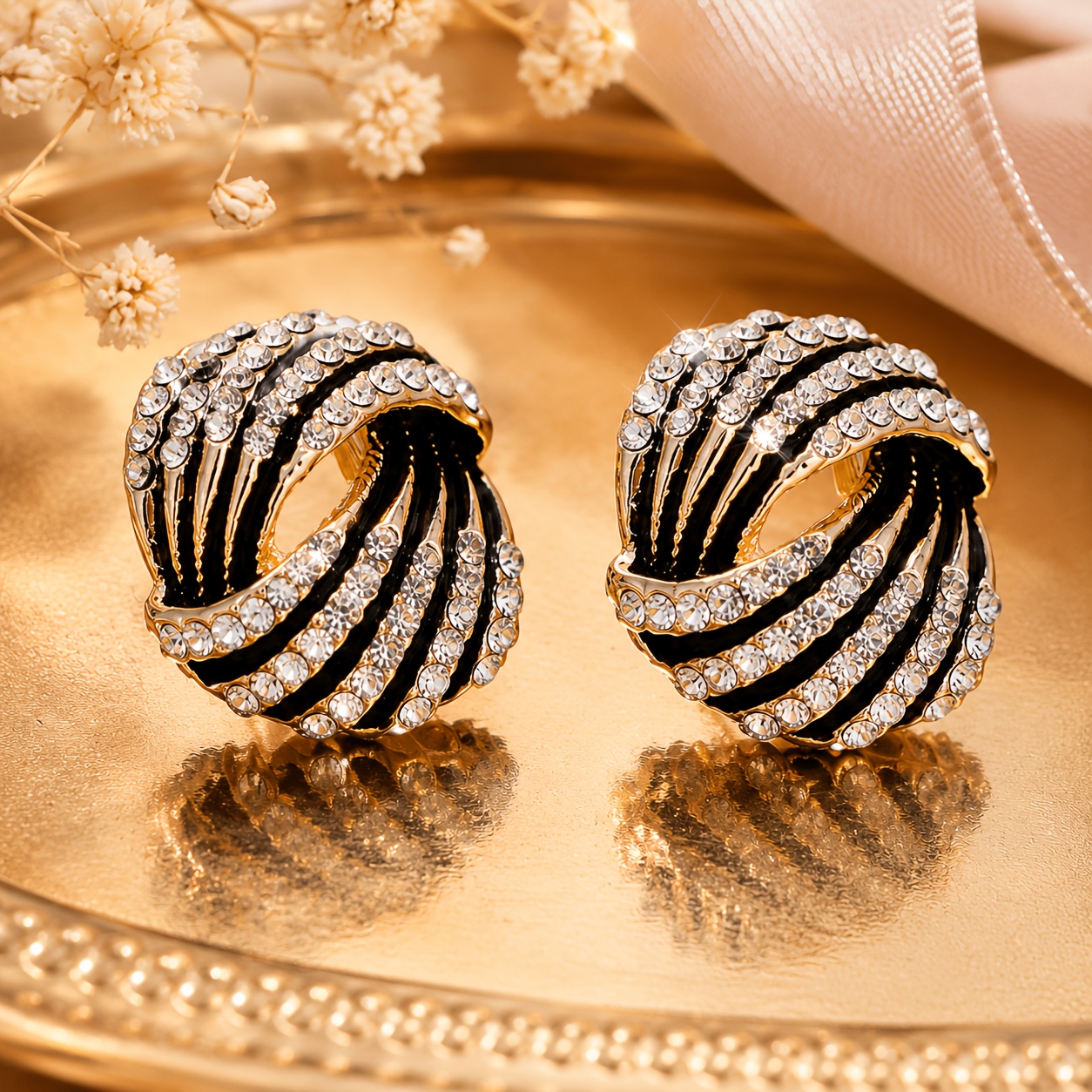 TEMU 1 Pair Women's Vintage Spiral Knot Stud Earrings, Black Accent Statement Earrings, Elegant Sparkly Retro Jewelry For Party Wedding Evening Daily